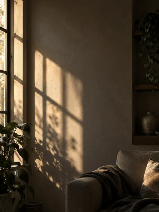 Rincón de casa con luz de tarde entrando por la ventana
